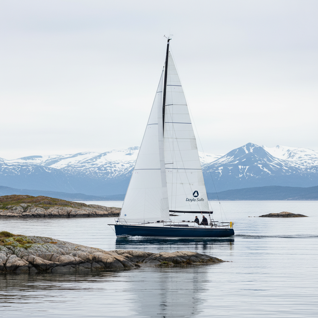 A sleek racing sailboat cutting cleanly through calm Norwegian coastal waters, its crisp white Doyle sail fully unfurled and perfectly trimmed. The sailcloth shows fine weave texture and a subtle Doyle Sails logo near the clew, rendered in deep navy and grey. Smooth, reflective water surrounds the hull, with low granite skerries and distant snow-dusted mountains forming a soft, out-of-focus backdrop. Shot in diffused overcast daylight typical of Scandinavia, the lighting is cool and even, emphasizing sharp lines and technical details. Captured from a slightly elevated, three-quarter angle with sharp focus throughout, the composition is balanced and minimal, conveying professional precision and a modern, corporate, photographic realism suited for a clean Norwegian landing page hero image.