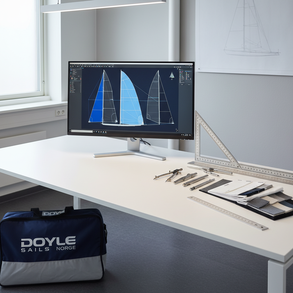 A neatly laid-out sail design workstation showcasing Doyle Sails Norge’s professional process: a large, clean white desk with a calibrated widescreen monitor displaying a technical sail plan in blues and greys, beside precisely arranged drafting tools, a metal scale ruler, and fabric swatch booklets of advanced sail materials. A folded Doyle-branded sail bag in navy and grey rests at one corner, its logo clearly visible. The workspace is set against a neutral light-grey wall with a subtle blueprint pinned in the background. Soft, indirect daylight from a nearby window combines with cool, understated office lighting, casting controlled shadows and maintaining an even, neutral palette. Shot from a slightly elevated angle with rule-of-thirds composition and sharp focus, the scene feels organized, modern, and corporate in clean photographic realism.