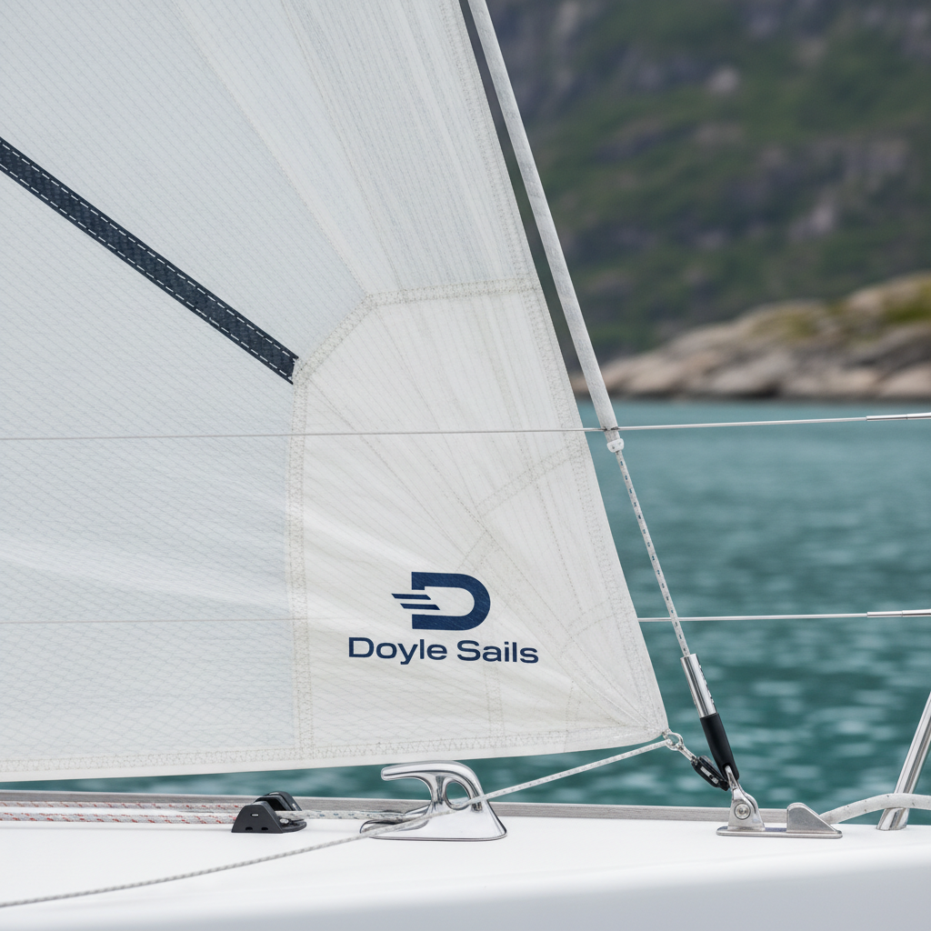 A close-up, highly detailed view of a Doyle sail on a modern performance yacht, focusing on the sail’s reinforced corner, stitching patterns, and carbon fibre battens. The sailcloth has a subtle grid texture in off-white and light grey, with a sharply defined Doyle Sails logo in navy blue. Stainless steel hardware and polished fittings glint softly, mounted against a blurred backdrop of calm fjord water and a hint of rocky shoreline. Cool, bright daylight from an overcast sky creates soft highlights on metal surfaces and gentle shadows in fabric folds. Photographed at eye level with a shallow depth of field, the composition feels technical and precise, reinforcing a professional, clean, corporate aesthetic in photographic realism.