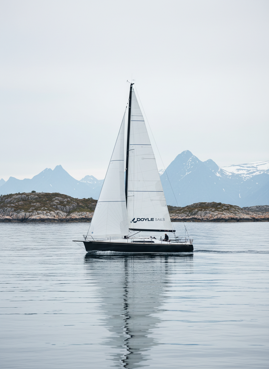 A sleek racing sailboat cutting cleanly through calm Norwegian coastal waters, its crisp white Doyle sail fully unfurled and perfectly trimmed. The sailcloth shows fine weave texture and a subtle Doyle Sails logo near the clew, rendered in deep navy and grey. Smooth, reflective water surrounds the hull, with low granite skerries and distant snow-dusted mountains forming a soft, out-of-focus backdrop. Shot in diffused overcast daylight typical of Scandinavia, the lighting is cool and even, emphasizing sharp lines and technical details. Captured from a slightly elevated, three-quarter angle with sharp focus throughout, the composition is balanced and minimal, conveying professional precision and a modern, corporate, photographic realism suited for a clean Norwegian landing page hero image.