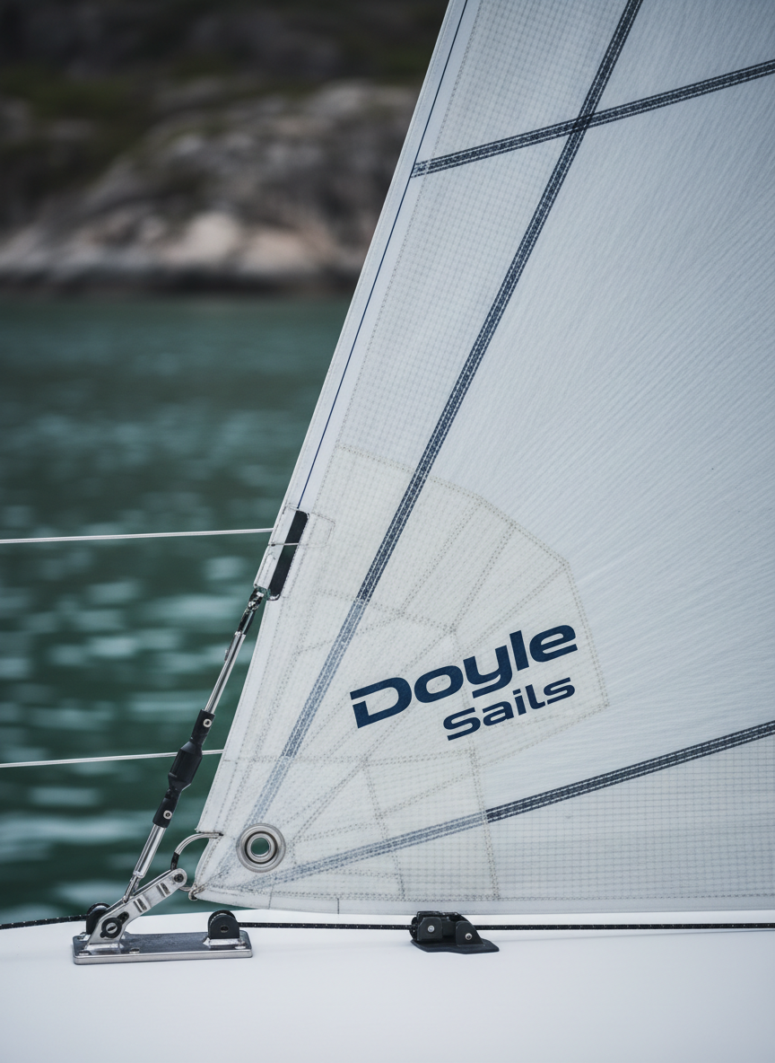 A close-up, highly detailed view of a Doyle sail on a modern performance yacht, focusing on the sail’s reinforced corner, stitching patterns, and carbon fibre battens. The sailcloth has a subtle grid texture in off-white and light grey, with a sharply defined Doyle Sails logo in navy blue. Stainless steel hardware and polished fittings glint softly, mounted against a blurred backdrop of calm fjord water and a hint of rocky shoreline. Cool, bright daylight from an overcast sky creates soft highlights on metal surfaces and gentle shadows in fabric folds. Photographed at eye level with a shallow depth of field, the composition feels technical and precise, reinforcing a professional, clean, corporate aesthetic in photographic realism.