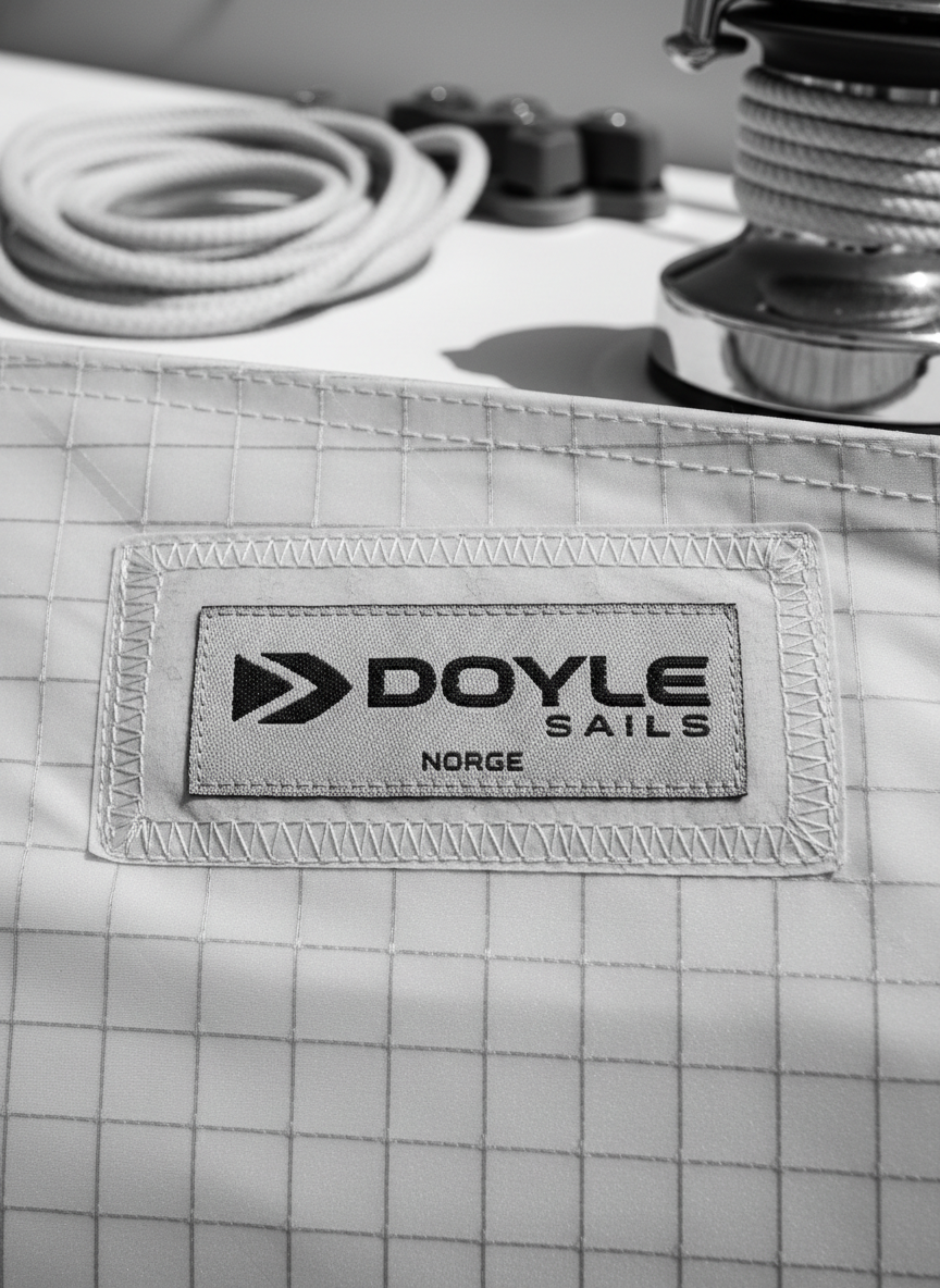 A sophisticated, monochrome-toned product detail shot of a Doyle sail tag labeled for the Norwegian market, securely stitched onto premium sailcloth. The woven label features a sharp Doyle Sails logo in navy and white, with a small “Norge” designation beneath, surrounded by immaculate zigzag stitching and reinforced corner patches. The sailcloth’s texture, with its precise grid and subtle sheen, fills most of the frame, while a faintly blurred background suggests neatly coiled sheets and chrome deck hardware. Cool, diffused studio-style lighting from above and slightly to the side creates gentle highlights on the fabric weave and soft shadows along seams. Captured in a tight, centered composition with shallow depth of field, the mood is technical, refined, and distinctly professional, echoing a clean, corporate photographic aesthetic.